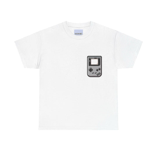 White T-shirt featuring a retro-style illustration of a classic Gameboy console. A nostalgic design for video game lovers and fans of vintage gaming consoles."