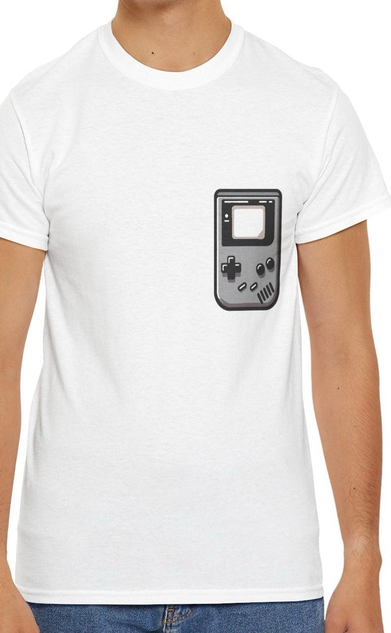 White T-shirt featuring a retro-style illustration of a classic Gameboy console. A nostalgic design for video game lovers and fans of vintage gaming consoles."
