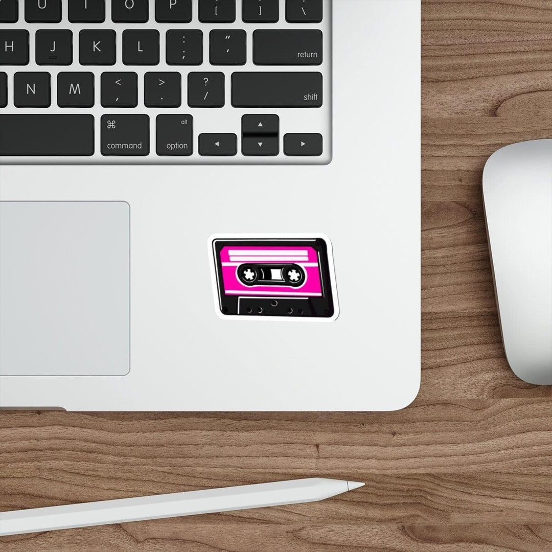 Retro Cassette Waterproof Sticker: A vibrant retro cassette design in pink and black, reminiscent of vintage mixtapes, perfect for adding a nostalgic touch to laptops, notebooks, or water bottles.  KEOLIX 
