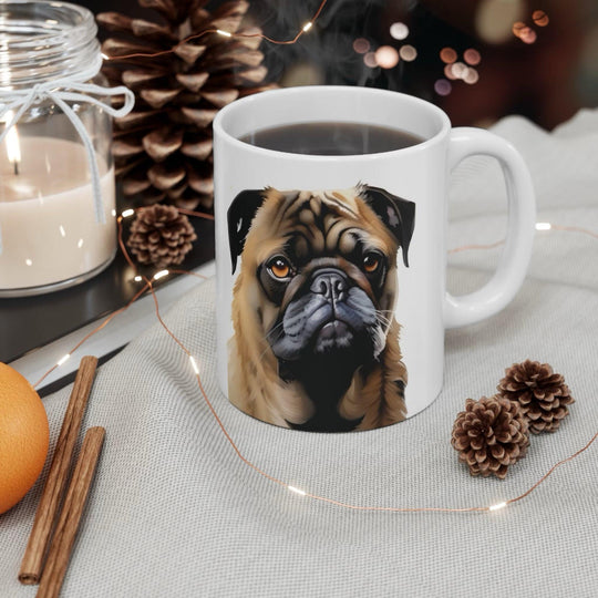 White ceramic mug featuring a detailed illustration of a cute pug, perfect for dog lovers who want to showcase their affection for the breed
