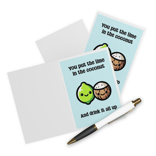 Playful greeting card featuring a smiling lime and coconut with the text 'You put the lime in the coconut and drink it all up.' Perfect for a fun, tropical-themed message for any occasion - Baby Keo