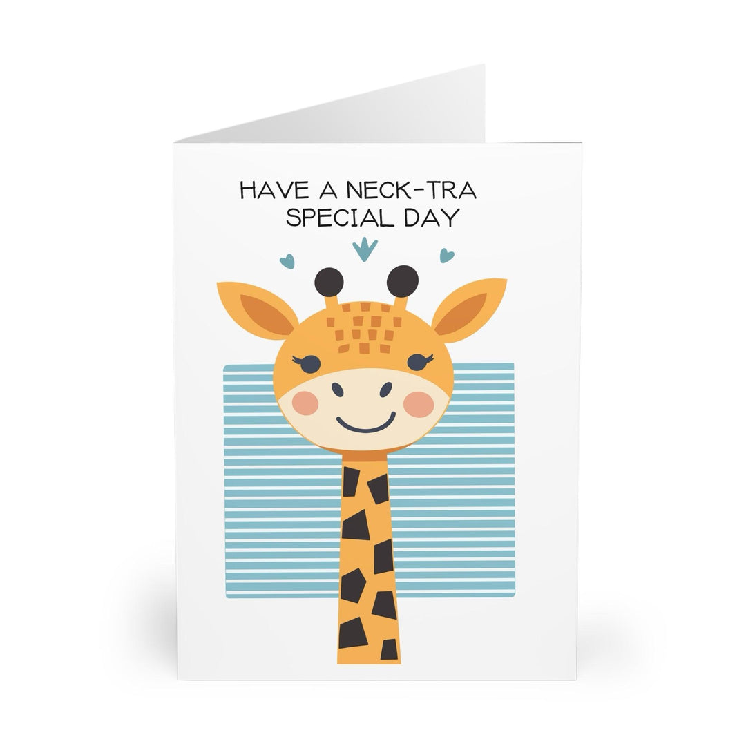 dorable greeting card featuring a smiling giraffe with the phrase 'Have a Neck-Tra Special Day.' A playful way to send well wishes - Baby Keo.