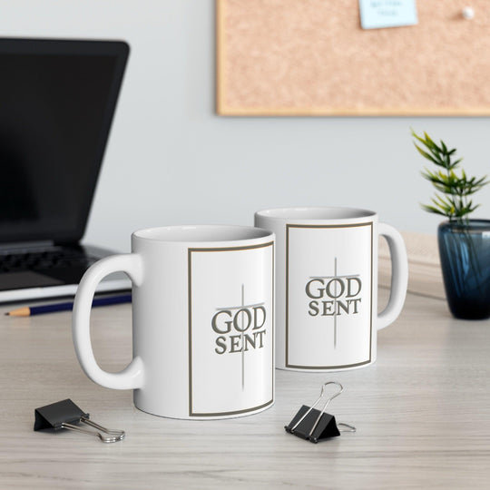 Simple and elegant white ceramic mug with the bold text 'GODSENT,' making it a thoughtful gift for those with a faith-based perspective