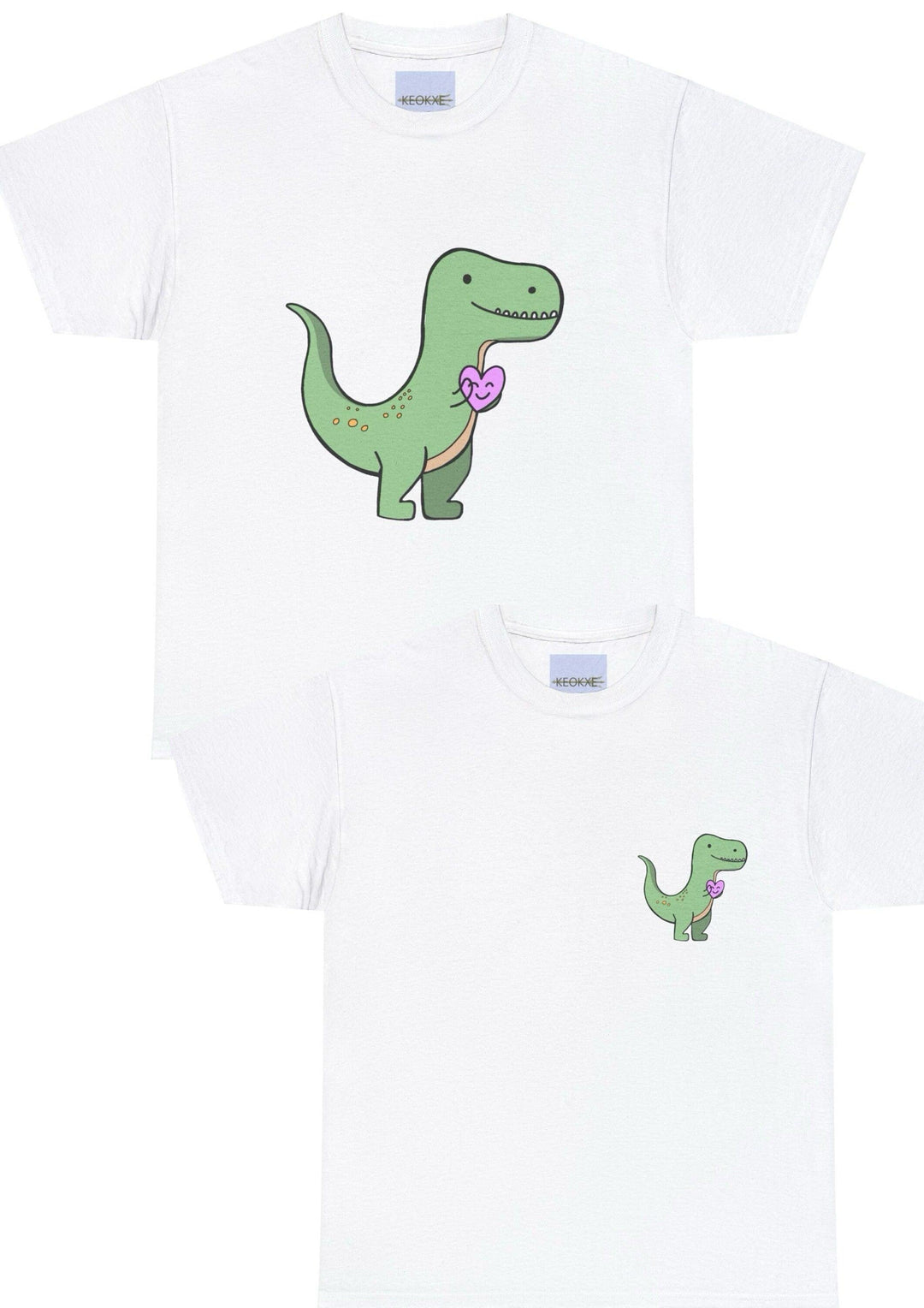 White T-shirt featuring an adorable cartoon T-Rex holding a pink heart. A cute and charming design, perfect for dinosaur lovers or for gifting to someone you care about.
