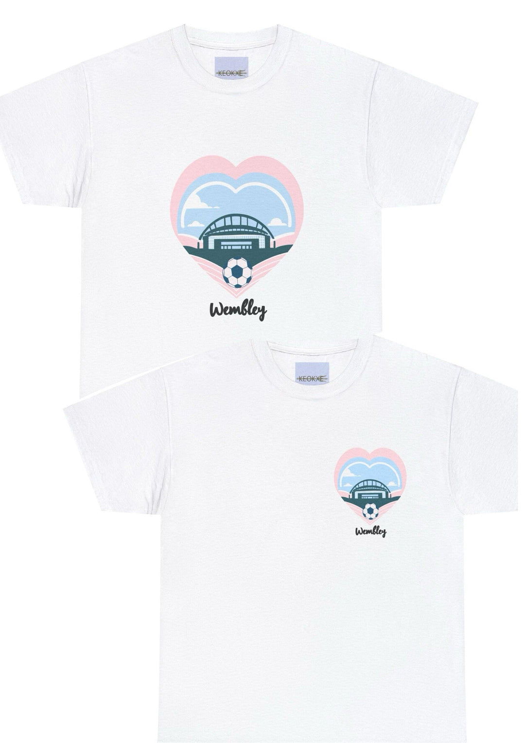 White T-shirt featuring an illustration of a London landmark, with the name 'Wembley.' A great design for those who love London or have a connection to this iconic city