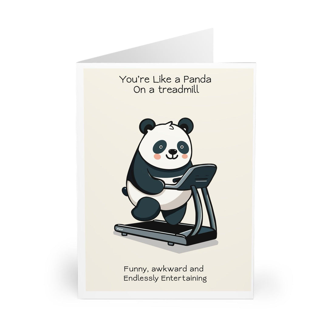 Funny panda-themed card with the phrase 'You’re Like a Panda on a Treadmill: Funny, Awkward and Endlessly Entertaining.' A great card for a quirky friend - Baby Keo