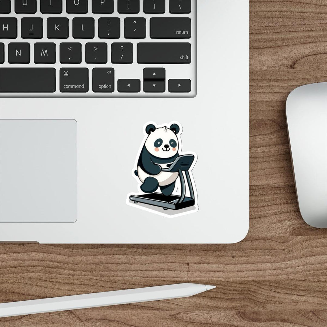Panda on Treadmill Waterproof Sticker - A cute panda running on a treadmill sticker, perfect for fitness enthusiasts. KEOLIX