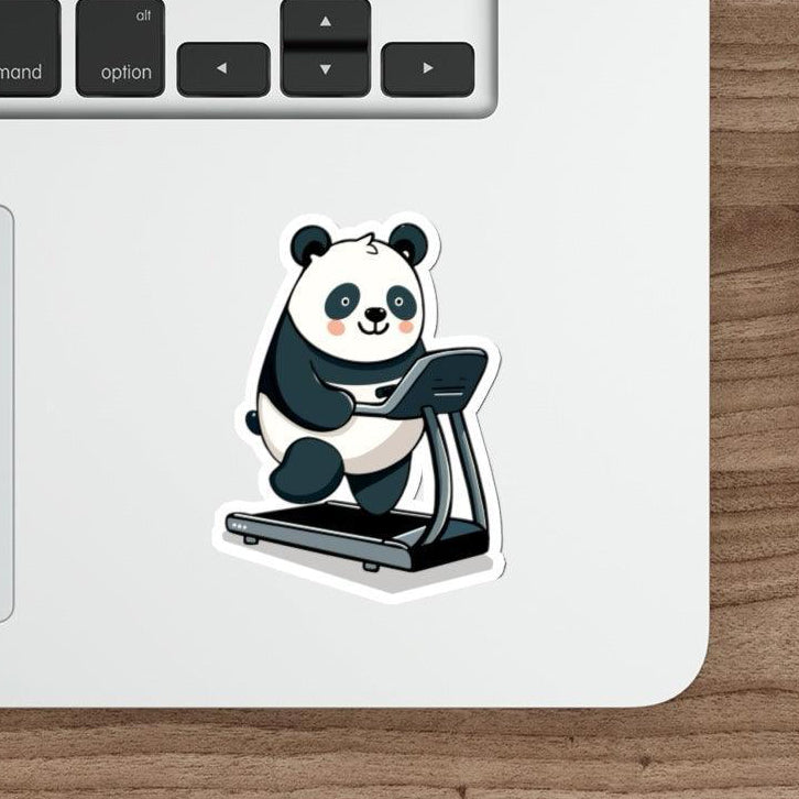Panda on Treadmill Waterproof Sticker - A cute panda running on a treadmill sticker, perfect for fitness enthusiasts. KEOLIX