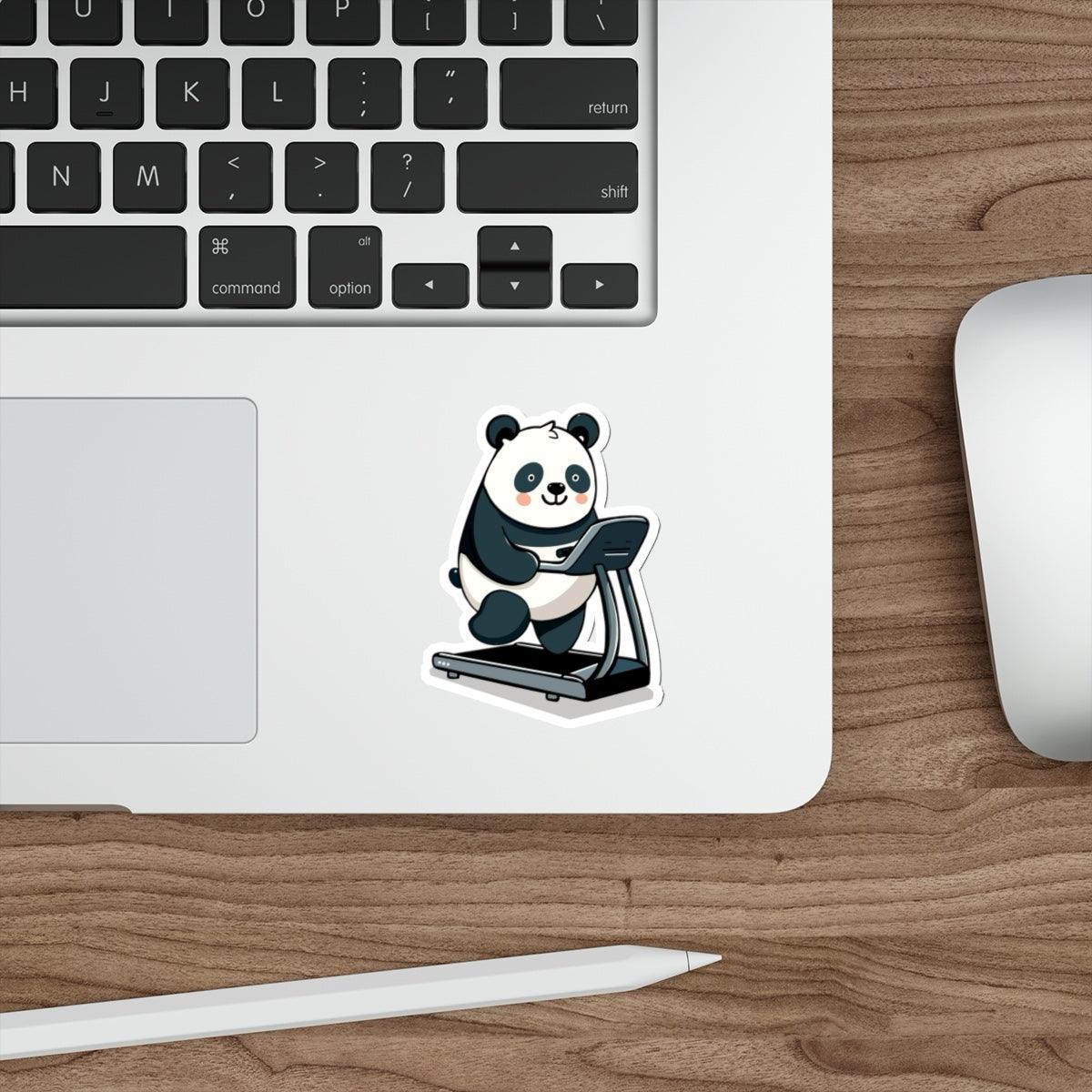 Panda on Treadmill Waterproof Sticker - A cute panda running on a treadmill sticker, perfect for fitness enthusiasts. KEOLIX
