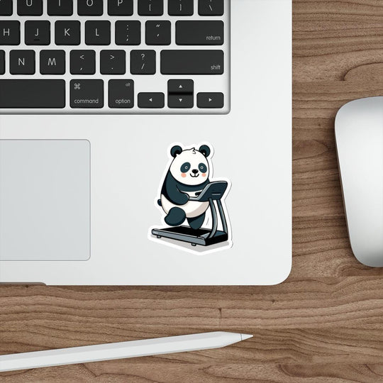 Panda on Treadmill Waterproof Sticker - A cute panda running on a treadmill sticker, perfect for fitness enthusiasts. KEOLIX