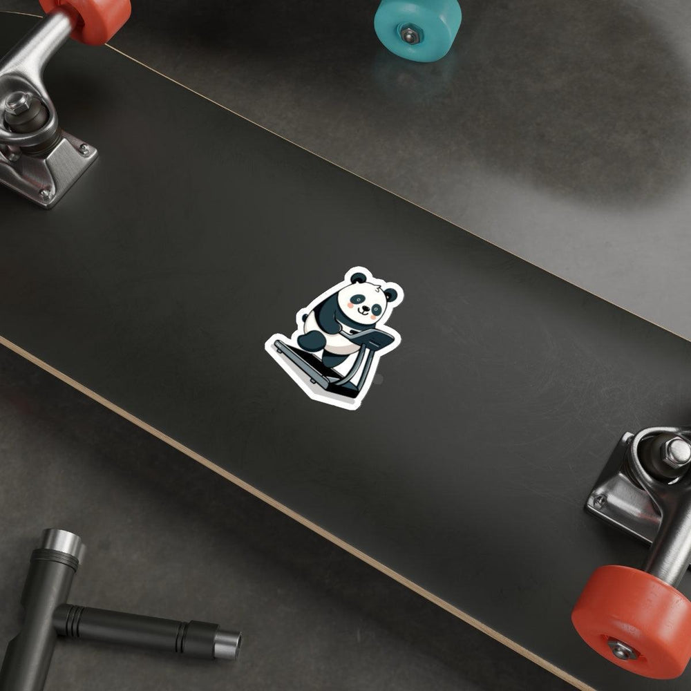 Panda on Treadmill Waterproof Sticker - A cute panda running on a treadmill sticker, perfect for fitness enthusiasts. KEOLIX