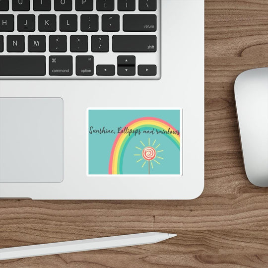 Sunshine, Lollipops, and Rainbows Waterproof Sticker: A circular sticker featuring a bright rainbow with a shining sun, capturing a happy, playful aesthetic. Ideal for personalizing laptops, water bottles, and more. KEOLIX 