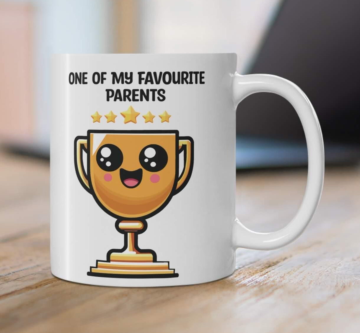White ceramic mug featuring a trophy design and the text 'One of My Favourite Parents,' a fun and lighthearted gift for parents KEOLIX 