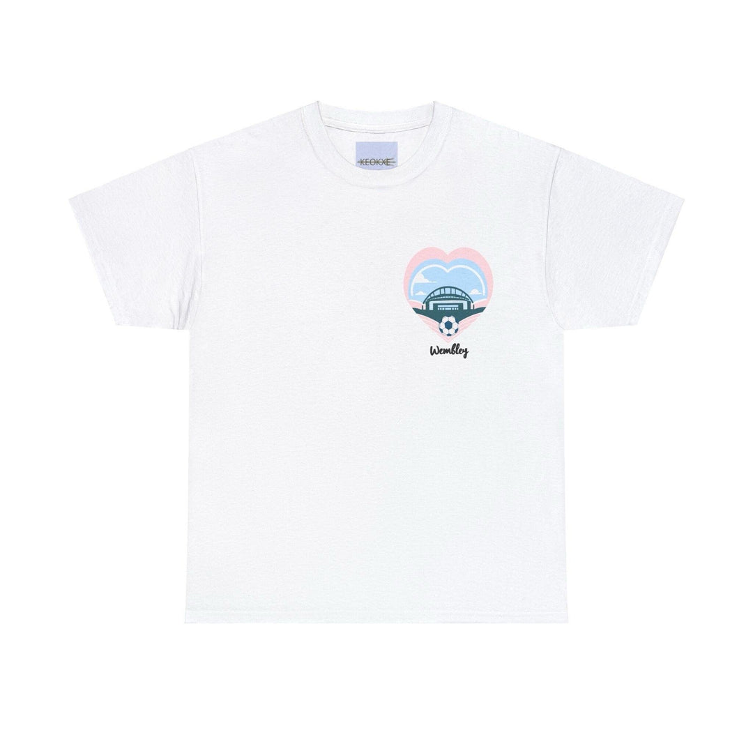 White T-shirt featuring an illustration of a London landmark, with the name 'Wembley.' A great design for those who love London or have a connection to this iconic city
