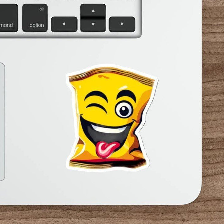 Winking Packet of Crisps Waterproof Sticker – A cheeky and fun waterproof sticker featuring a winking cartoon crisp packet, great for snack lovers or adding humor to your belongings.  KEOLIX 