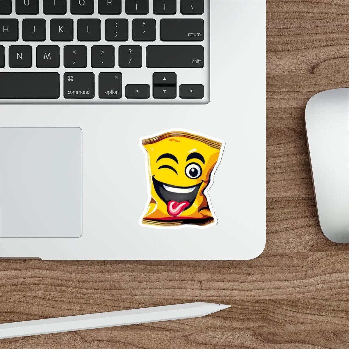 Winking Packet of Crisps Waterproof Sticker – A cheeky and fun waterproof sticker featuring a winking cartoon crisp packet, great for snack lovers or adding humor to your belongings.  KEOLIX 
