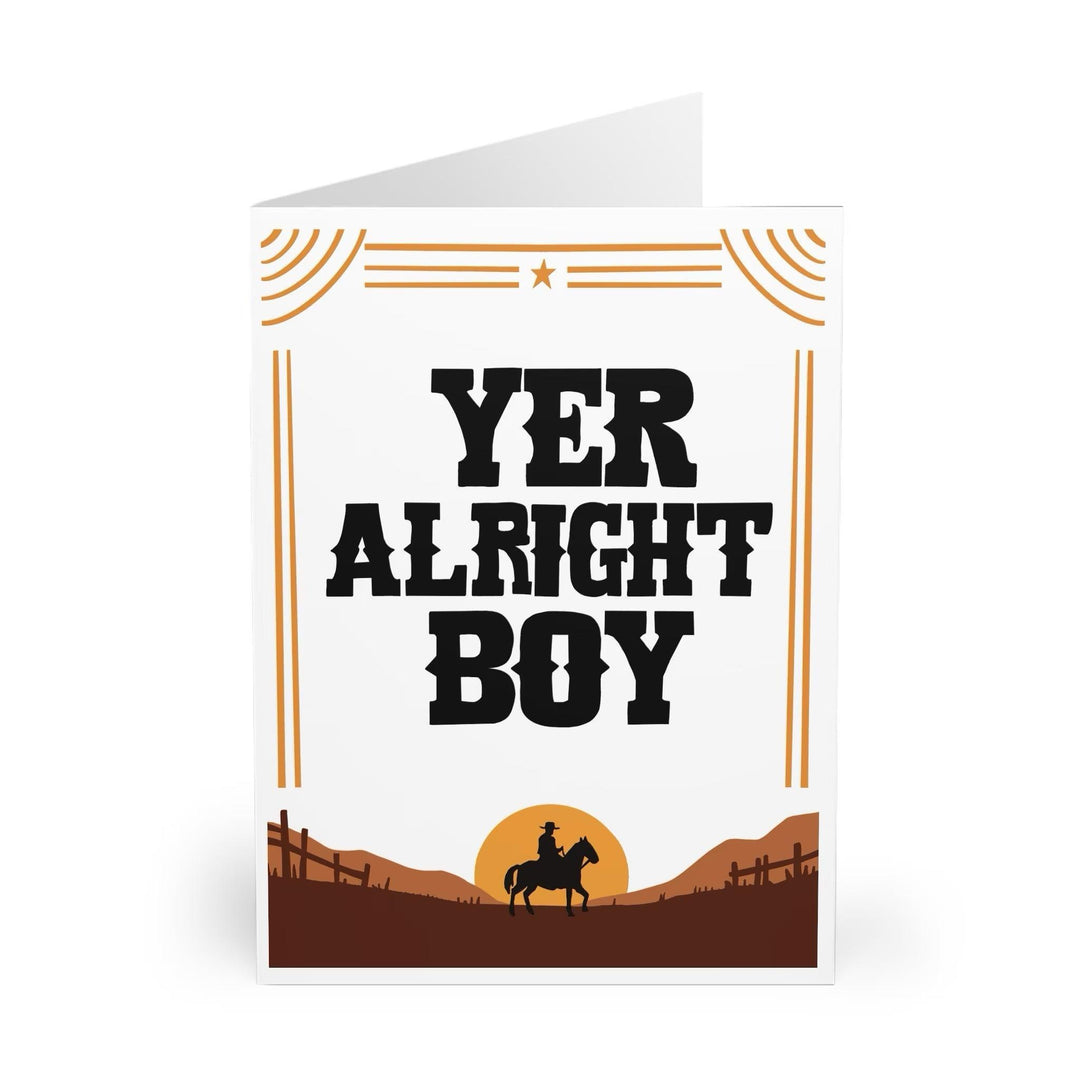 Quirky greeting card with the bold text 'Yer Alright Boy' and a desert-themed backdrop. Perfect for sending a friendly and lighthearted message to a friend or loved one - Baby Keo