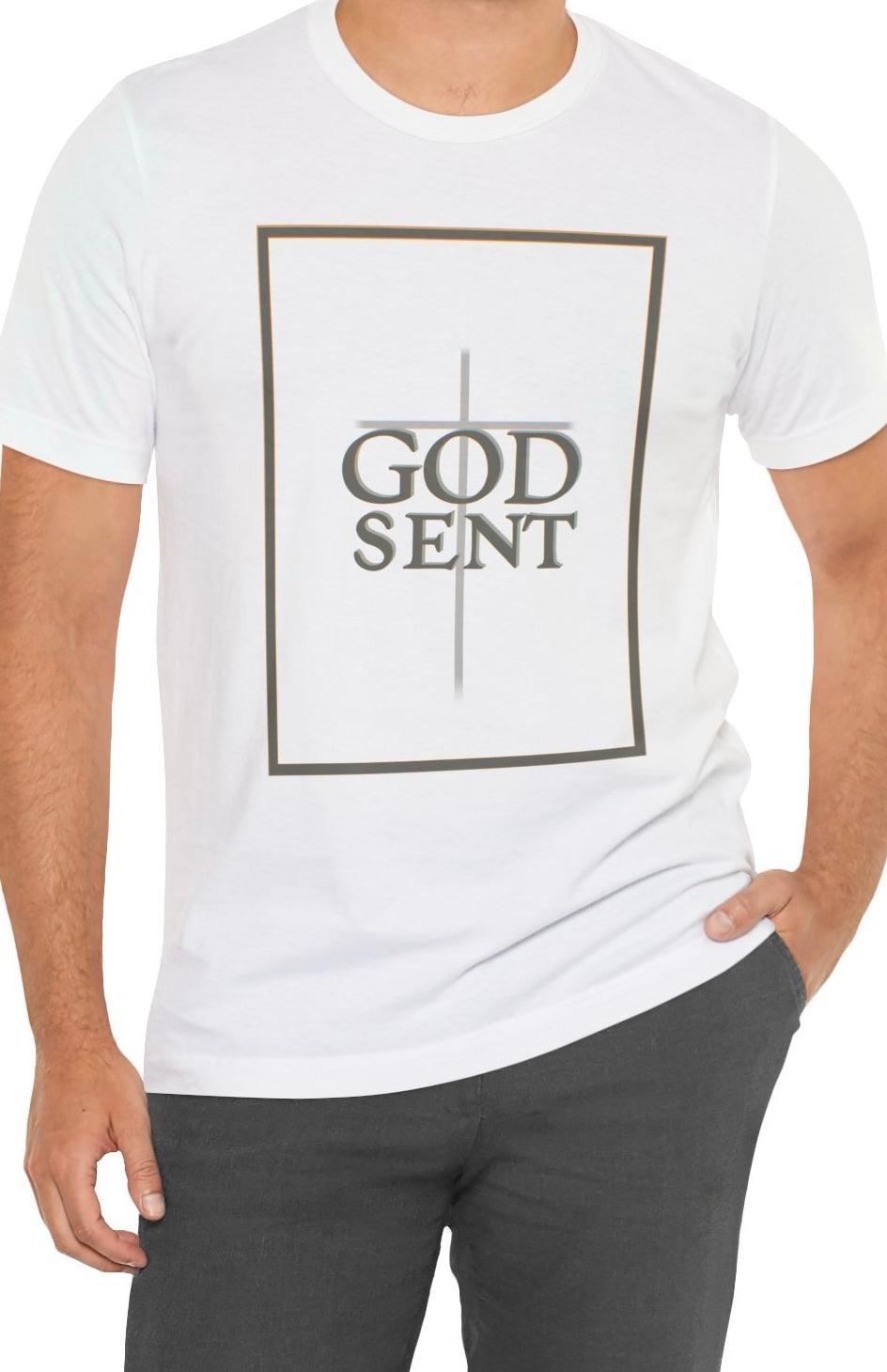 White T-shirt with the phrase 'God Sent' in a minimalist design. A subtle and stylish way to express faith, with clean typography and a simple yet impactful message."