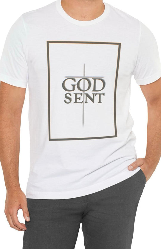 White T-shirt with the phrase 'God Sent' in a minimalist design. A subtle and stylish way to express faith, with clean typography and a simple yet impactful message."