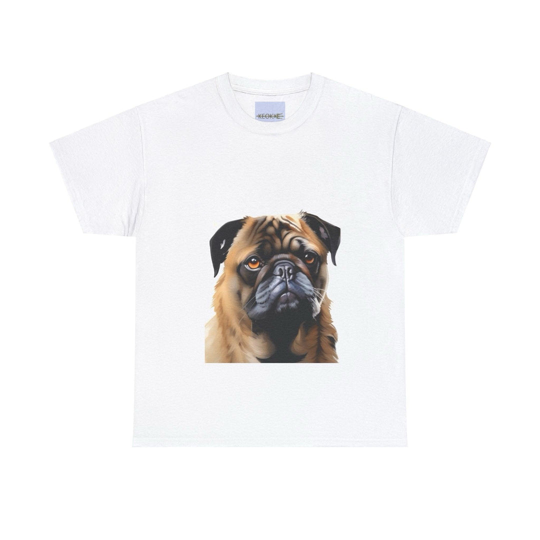 White unisex T-shirt featuring a realistic and adorable portrait of a pug. Perfect for dog lovers who want to wear their affection for pugs proudly."