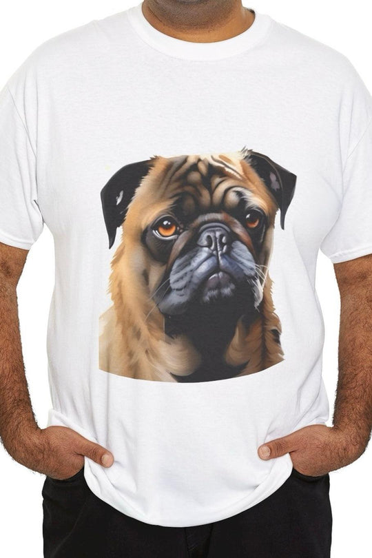 White unisex T-shirt featuring a realistic and adorable portrait of a pug. Perfect for dog lovers who want to wear their affection for pugs proudly."