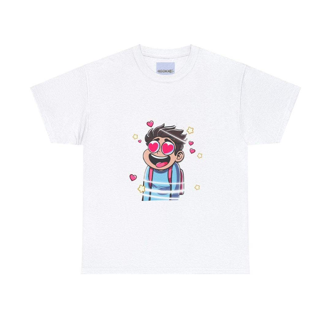 White T-shirt with a colorful cartoon character spinning in a whirlwind of hearts, showcasing the phrase 'Dizzy in Love.' A vibrant and playful design for anyone who loves fun and lighthearted expressions of affection.