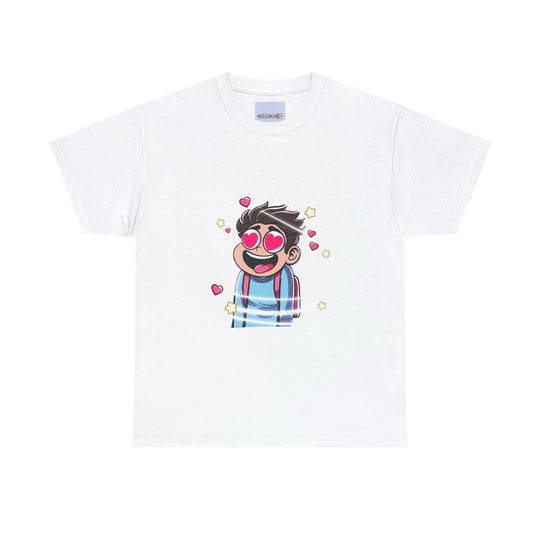White T-shirt with a colorful cartoon character spinning in a whirlwind of hearts, showcasing the phrase 'Dizzy in Love.' A vibrant and playful design for anyone who loves fun and lighthearted expressions of affection.