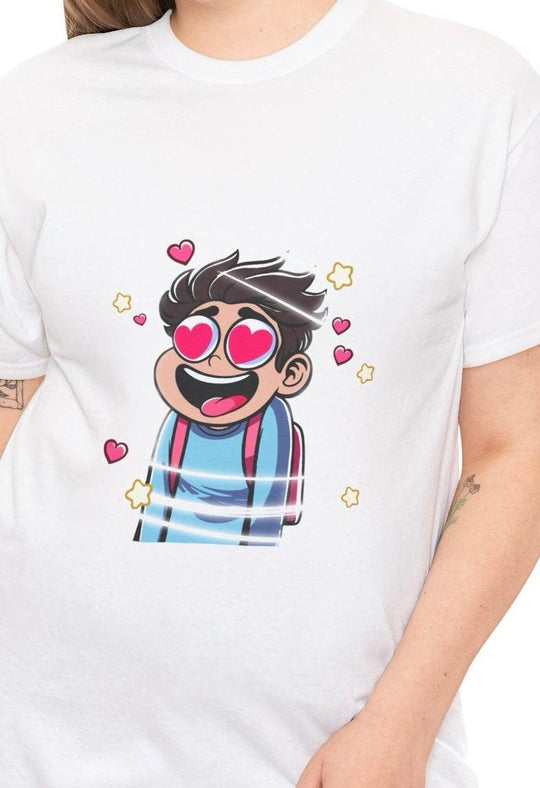 White T-shirt with a colorful cartoon character spinning in a whirlwind of hearts, showcasing the phrase 'Dizzy in Love.' A vibrant and playful design for anyone who loves fun and lighthearted expressions of affection.