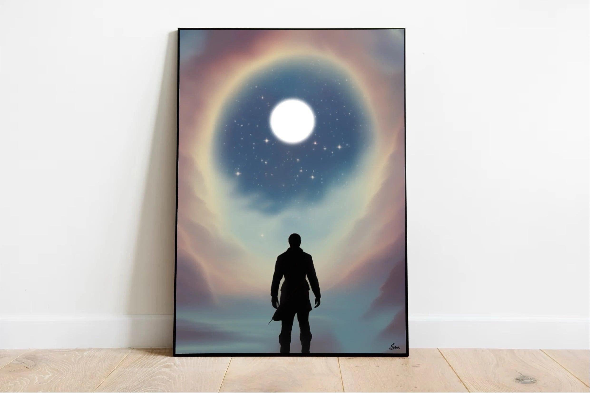 Picture this: a mesmerizing Celestial Contemplation Print resting casually against a pristine white wall on a charming wooden floor. It beautifully captures the silhouette of an individual draped in a flowing cape, their eyes transfixed on the radiant full moon. All around them, swirling clouds and twinkling stars create an atmosphere filled with the enchantment of cosmic beauty. It's truly an artwork that invites you to lose yourself in the wonder of the universe!