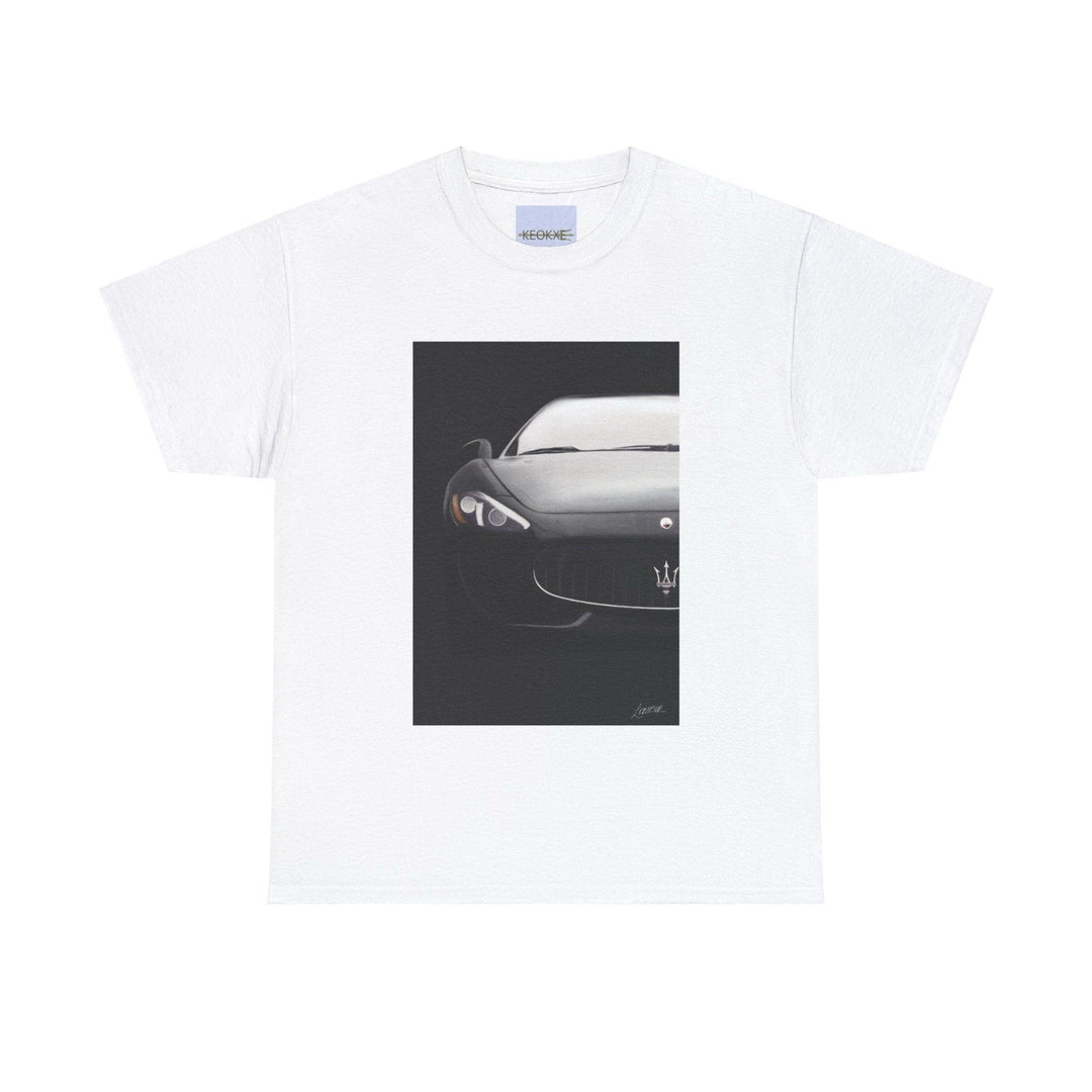 White T-shirt showcasing a sleek, luxury Maserati car in a high-quality illustration. A perfect design for car enthusiasts and lovers of high-end automobiles."

