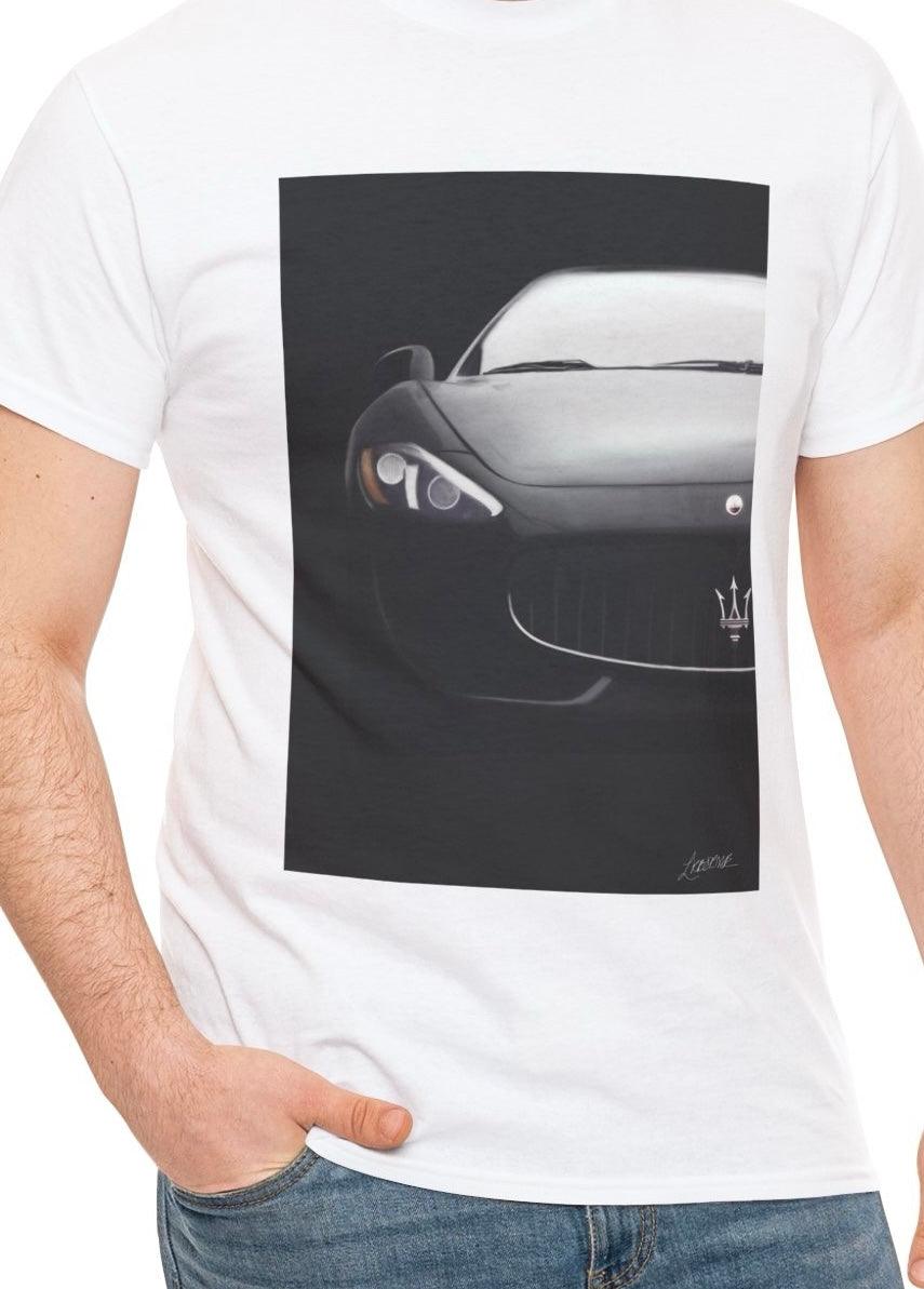 White T-shirt showcasing a sleek, luxury Maserati car in a high-quality illustration. A perfect design for car enthusiasts and lovers of high-end automobiles."

