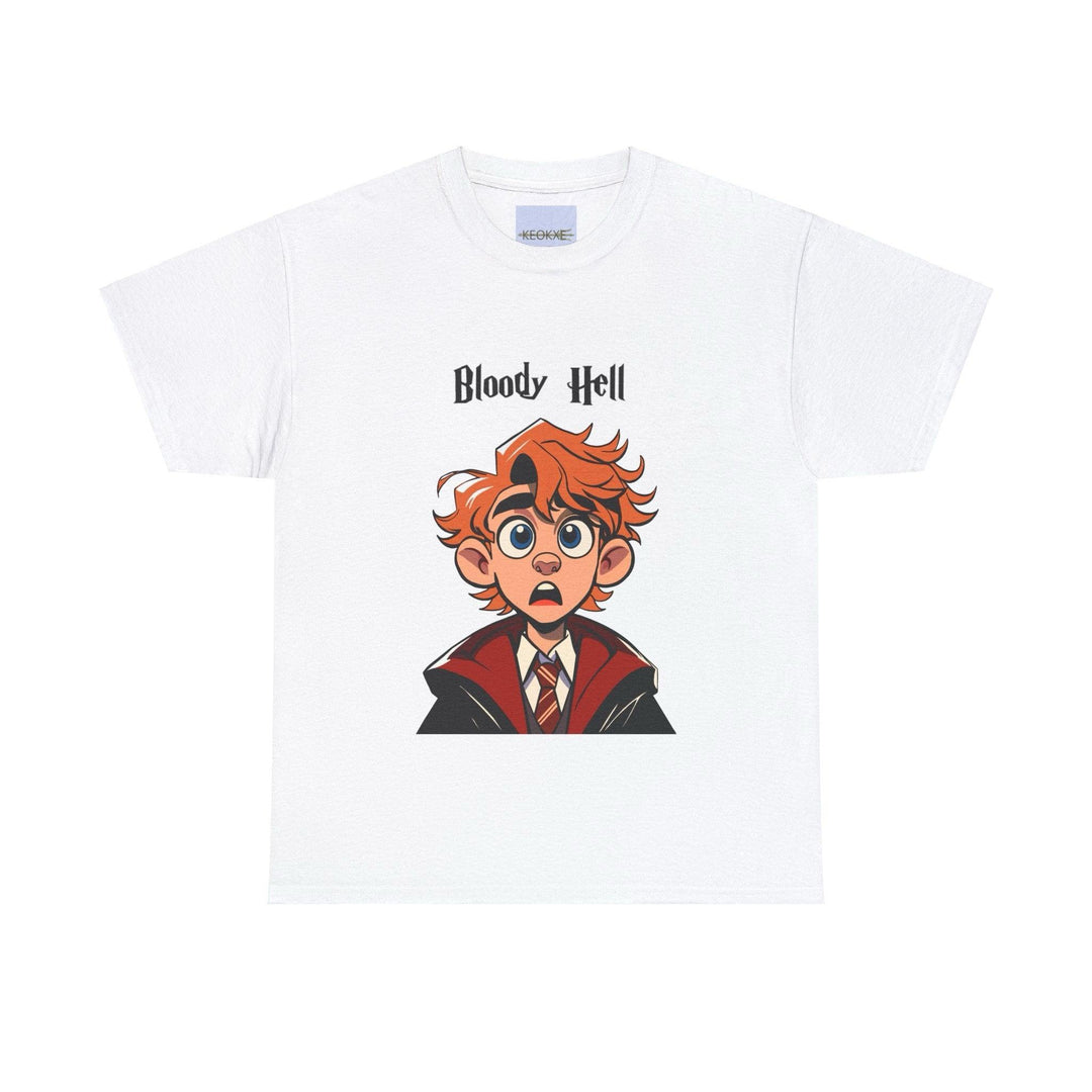 White T-shirt featuring a colorful illustration of a surprised redhead with the phrase 'Bloody Hell.' A humorous and expressive design perfect for those who love witty British slang.