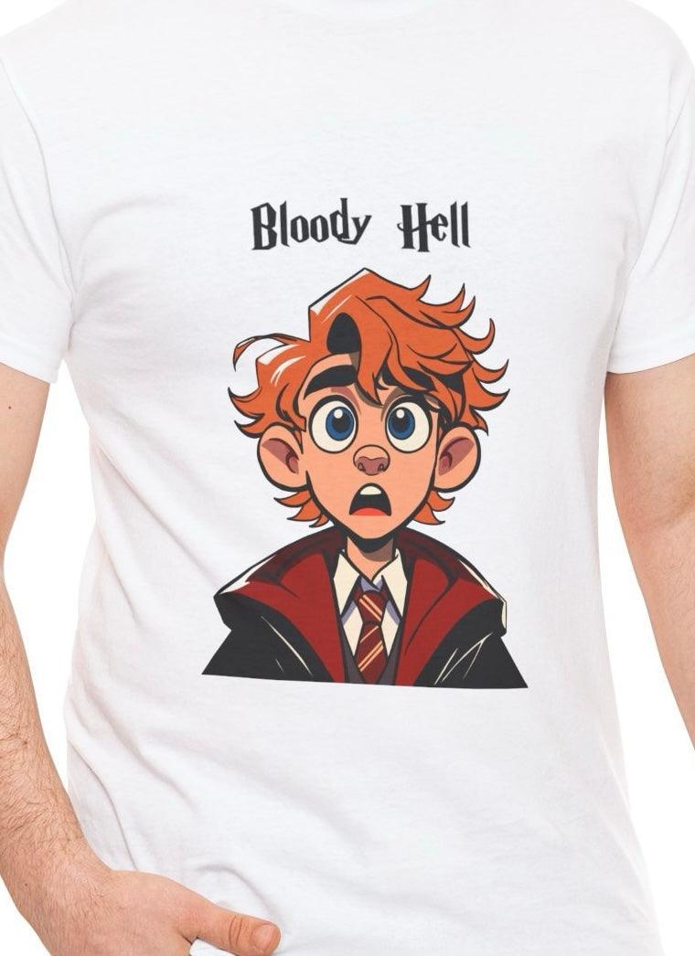 White T-shirt featuring a colorful illustration of a surprised redhead with the phrase 'Bloody Hell.' A humorous and expressive design perfect for those who love witty British slang.