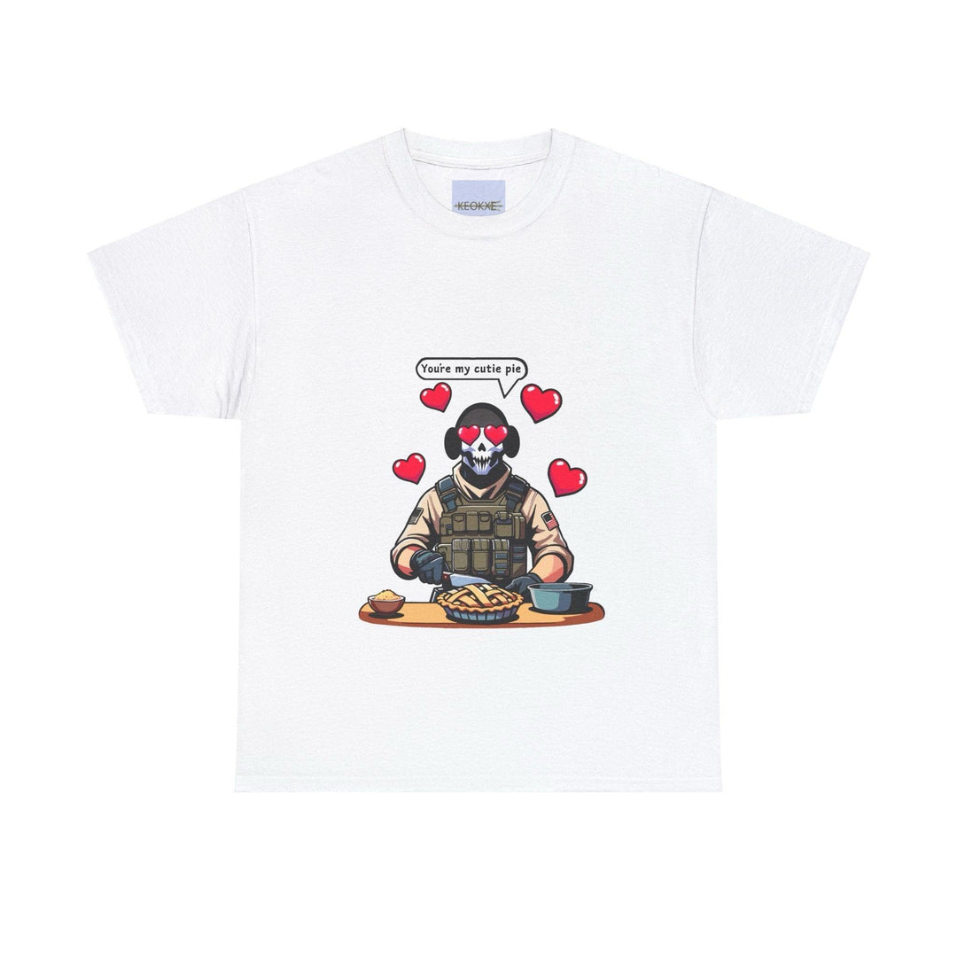 White T-shirt featuring a ghost character holding a phone and surrounded by hearts, along with the phrase 'You're My Cutie Pie.' A charming and romantic design perfect for expressing affection.