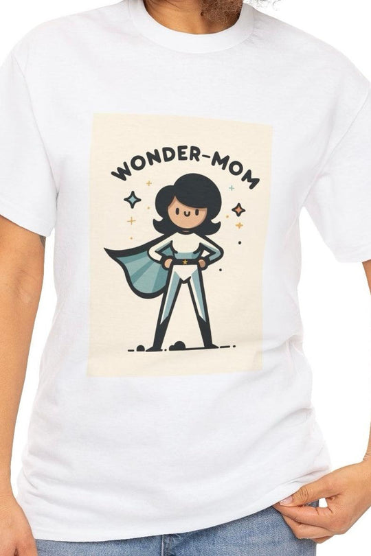 "White T-shirt featuring a cartoon superhero mom character with the phrase 'Wonder Mum.' A charming and empowering design celebrating super moms everywhere