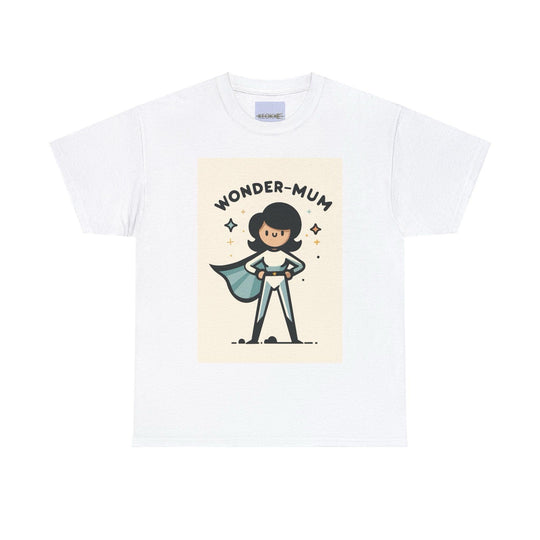 "White T-shirt featuring a cartoon superhero mom character with the phrase 'Wonder Mum.' A charming and empowering design celebrating super moms everywhere