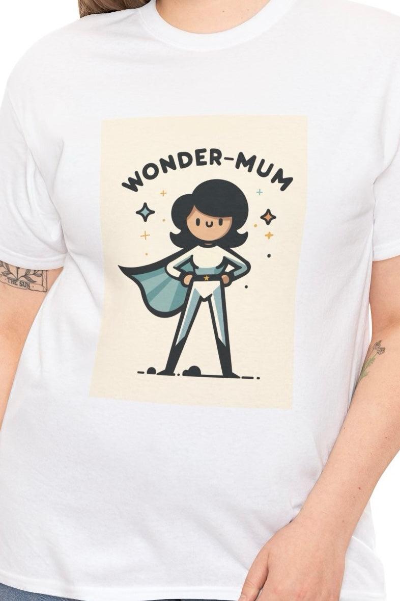 "White T-shirt featuring a cartoon superhero mom character with the phrase 'Wonder Mum.' A charming and empowering design celebrating super moms everywhere