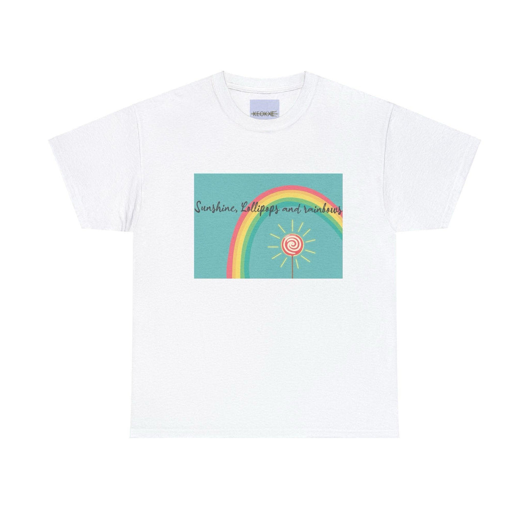 White T-shirt featuring a cheerful rainbow and sun illustration, paired with the phrase 'Sunshine, Lollipops and Rainbows.' A bright and positive design, ideal for anyone wanting to spread good vibes