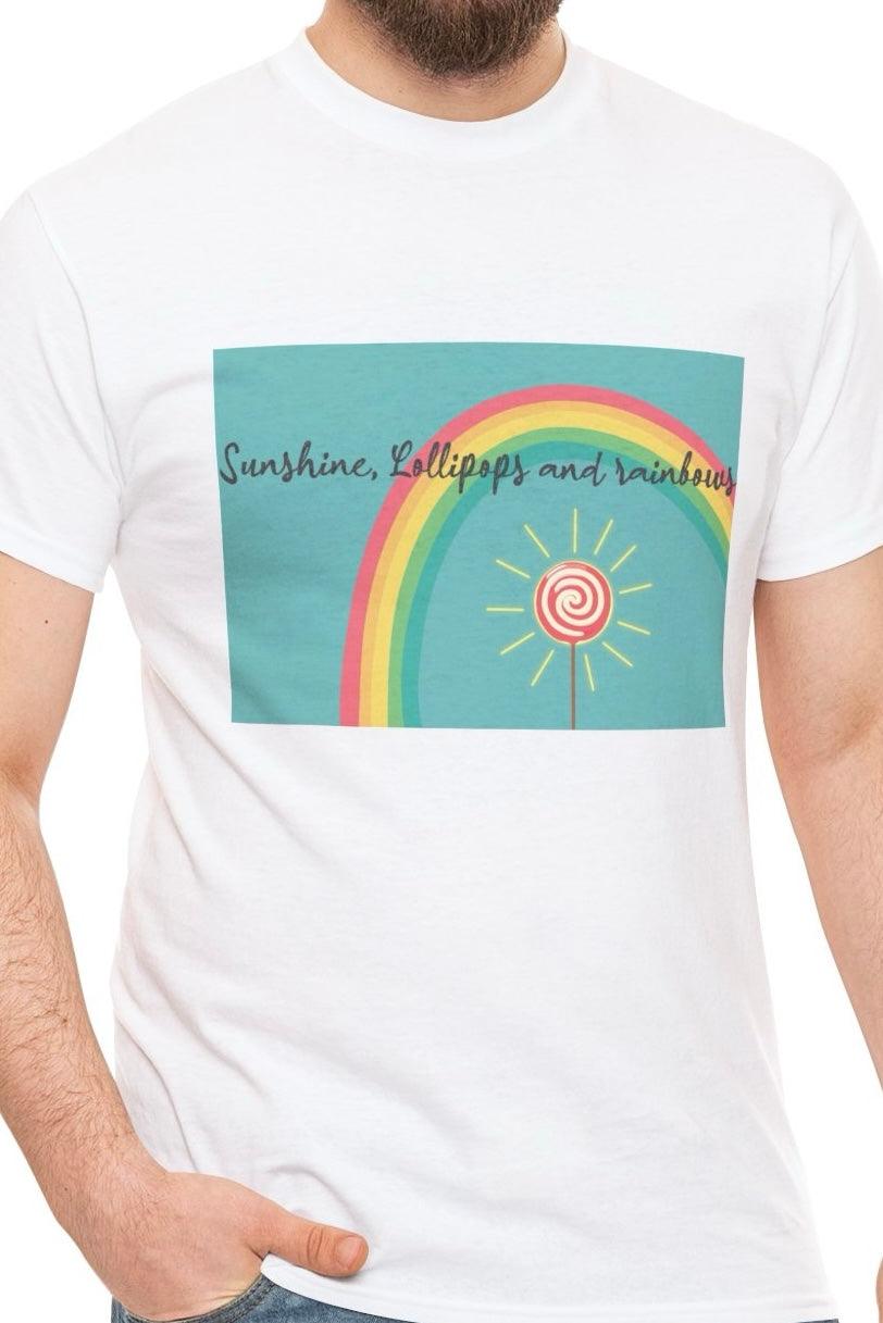 "White T-shirt featuring a cheerful rainbow and sun illustration, paired with the phrase 'Sunshine, Lollipops and Rainbows.' A bright and positive design, ideal for anyone wanting to spread good vibes."