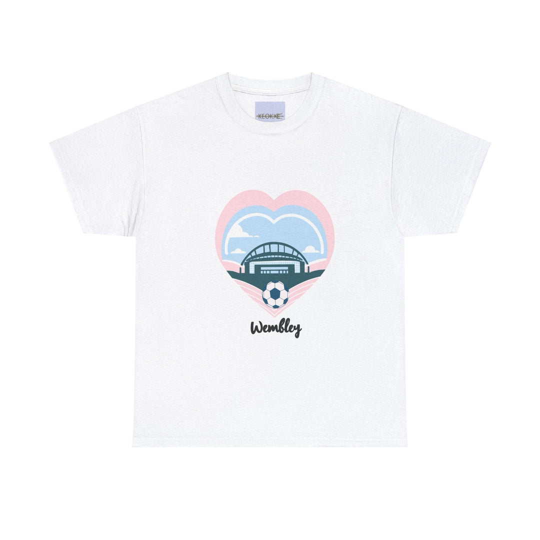 White T-shirt featuring an illustration of a London landmark, with the name 'Wembley.' A great design for those who love London or have a connection to this iconic city