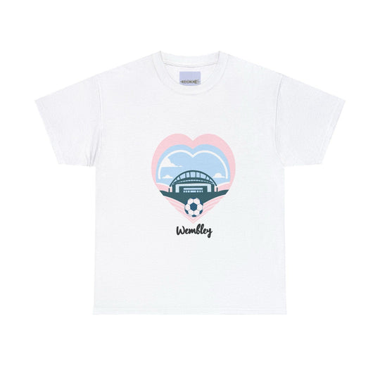 White T-shirt featuring an illustration of a London landmark, with the name 'Wembley.' A great design for those who love London or have a connection to this iconic city