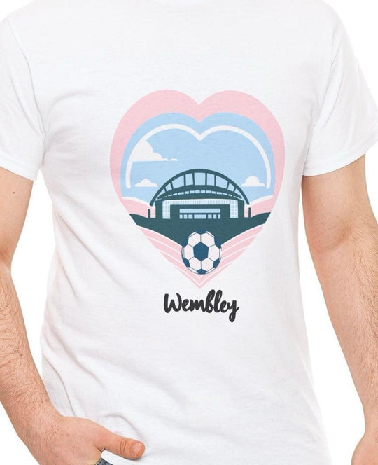 White T-shirt featuring an illustration of a London landmark, with the name 'Wembley.' A great design for those who love London or have a connection to this iconic city