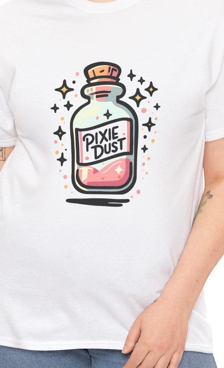 White T-shirt featuring a bottle of sparkling pixie dust with stars, creating a magical and whimsical feel. Perfect for lovers of fantasy and imaginative designs.