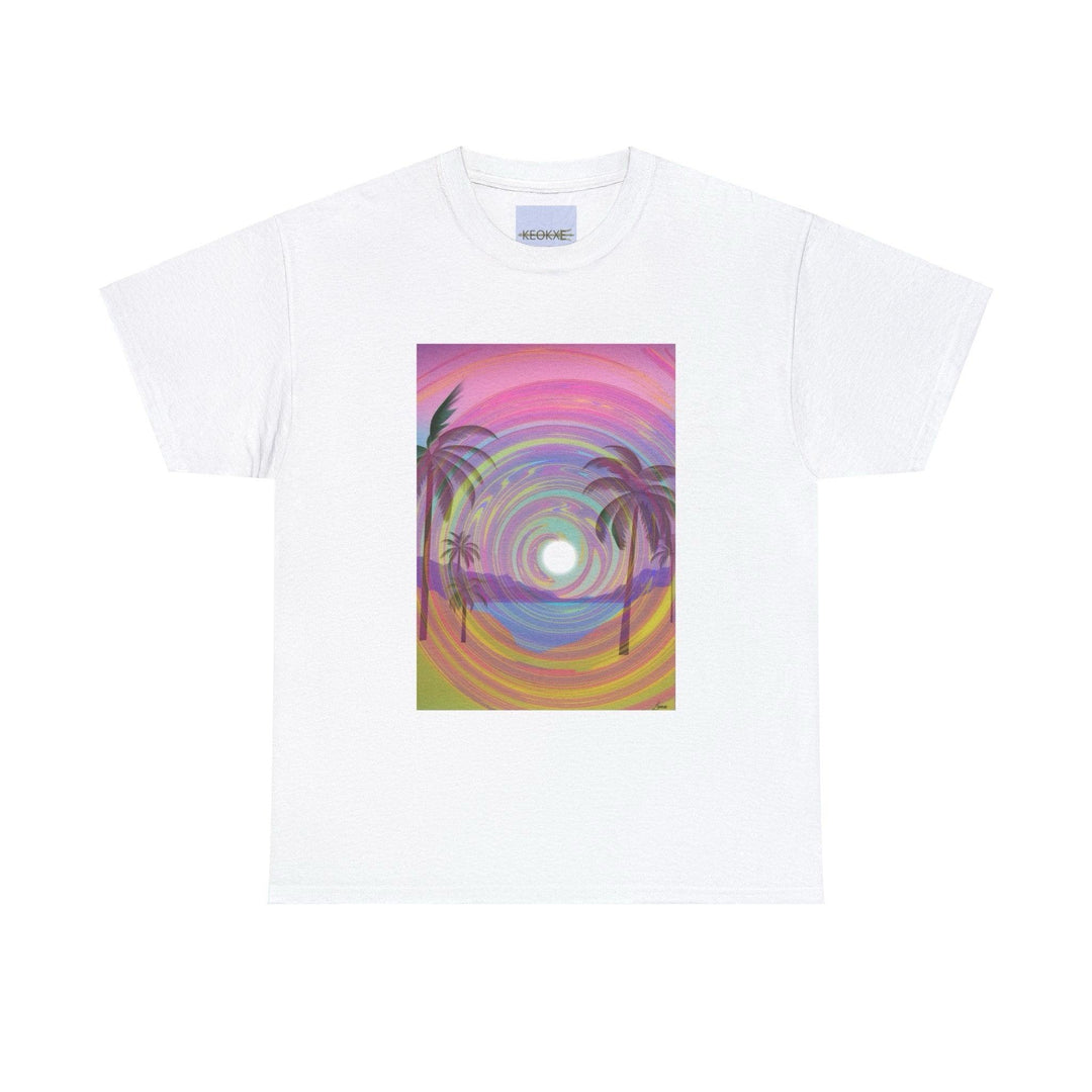 White T-shirt featuring a vibrant, colorful abstract design inspired by ocean waves in a psychedelic style. A visually stunning design perfect for those who love artistic, trippy prints."