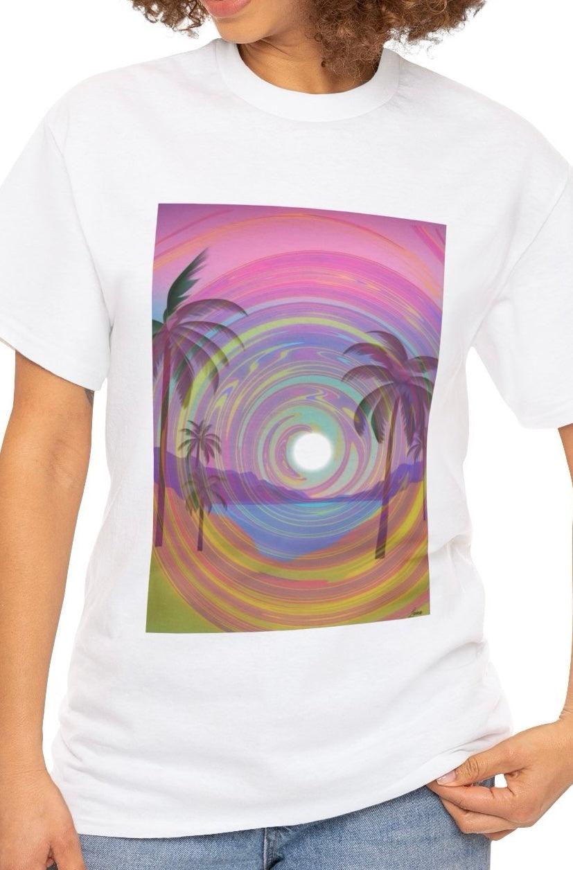 White T-shirt featuring a vibrant, colorful abstract design inspired by ocean waves in a psychedelic style. A visually stunning design perfect for those who love artistic, trippy prints."