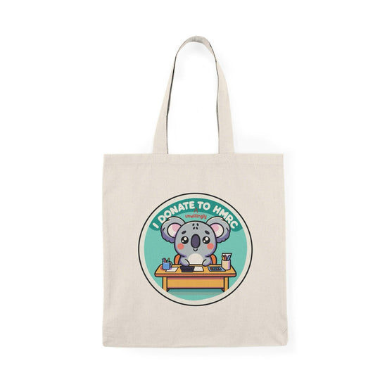 Tote bag featuring a witty design with the phrase 'I Donate Unwillingly to HMRC' in bold typography. The playful and humorous graphics capture a lighthearted take on taxes, making it a fun accessory for those who appreciate cheeky statements while carrying their everyday essentials.