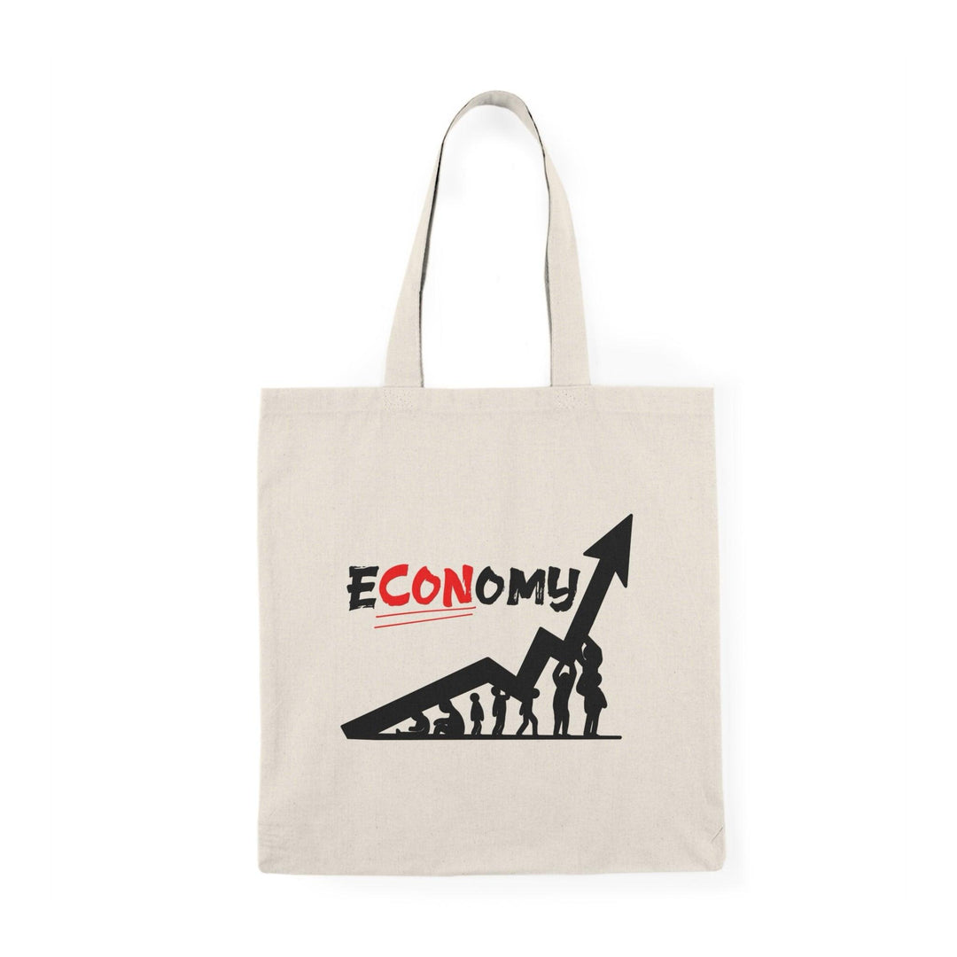 "Tote bag featuring a clever play on words with the phrase 'E-Con-omy,' creatively illustrated with vibrant colors and playful graphics. This humorous design adds a witty touch to your everyday carry, making it a perfect accessory for those who enjoy economics or appreciate a good pun."
