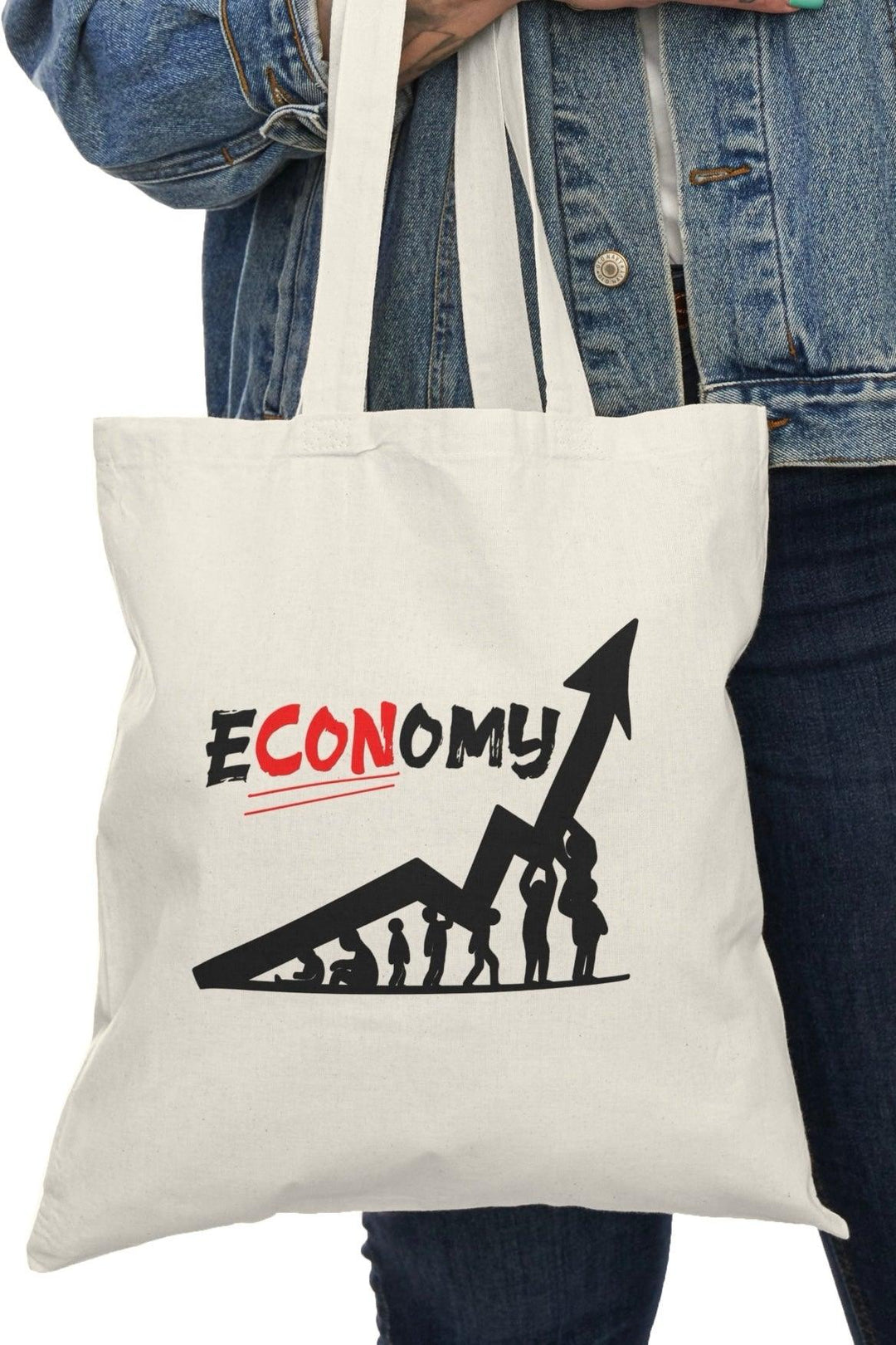"Tote bag featuring a clever play on words with the phrase 'E-Con-omy,' creatively illustrated with vibrant colors and playful graphics. This humorous design adds a witty touch to your everyday carry, making it a perfect accessory for those who enjoy economics or appreciate a good pun."