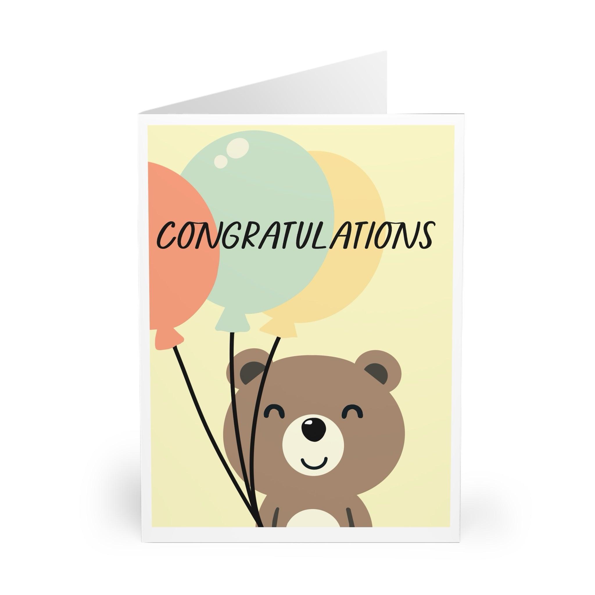 Adorable greeting card featuring a cheerful bear holding colorful balloons with the word 'Congratulations.' Perfect for celebrating accomplishments or sending a congratulatory message - Baby Keo.