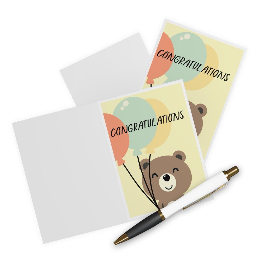 Adorable greeting card featuring a cheerful bear holding colorful balloons with the word 'Congratulations.' Perfect for celebrating accomplishments or sending a congratulatory message - Baby Keo.